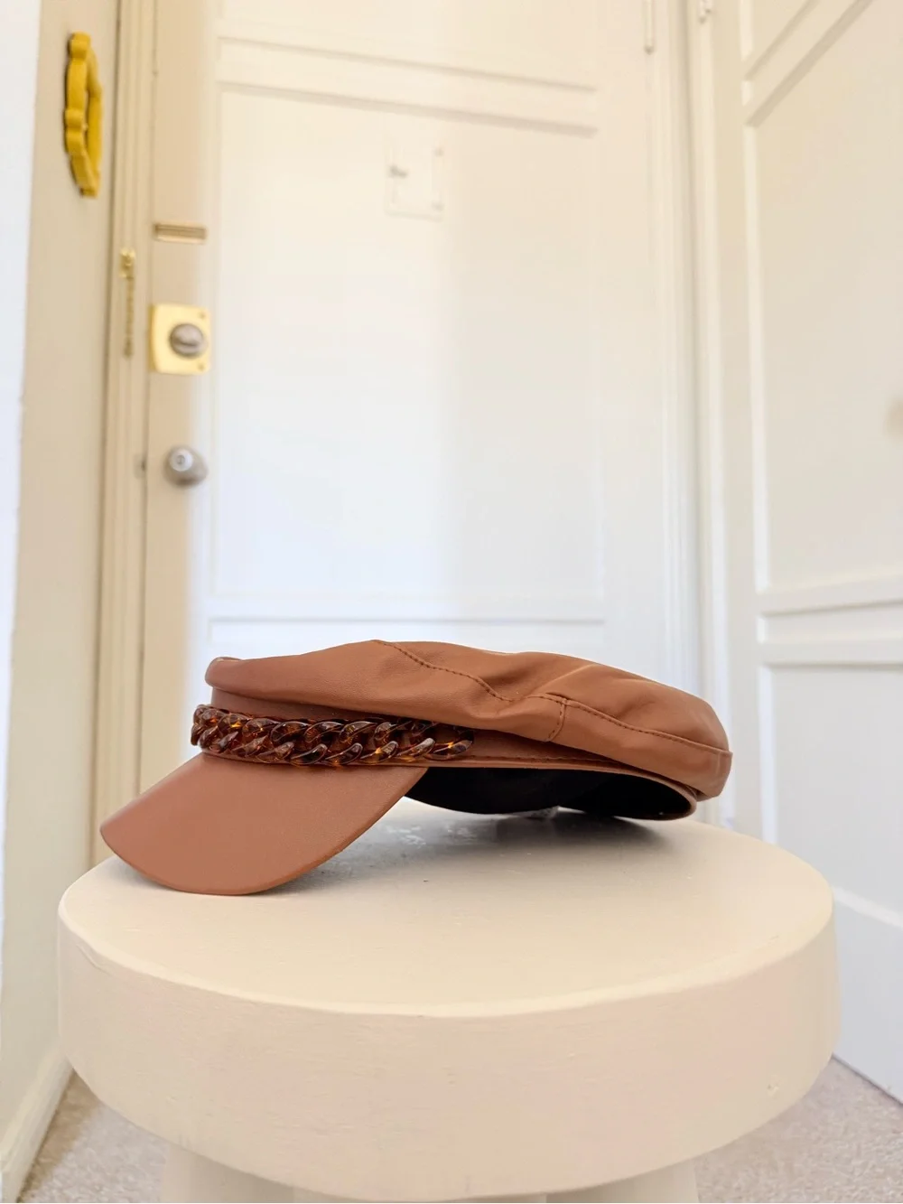 ZARA Brown Faux Leather Baker Boy Hat with Tortoiseshell Chain
